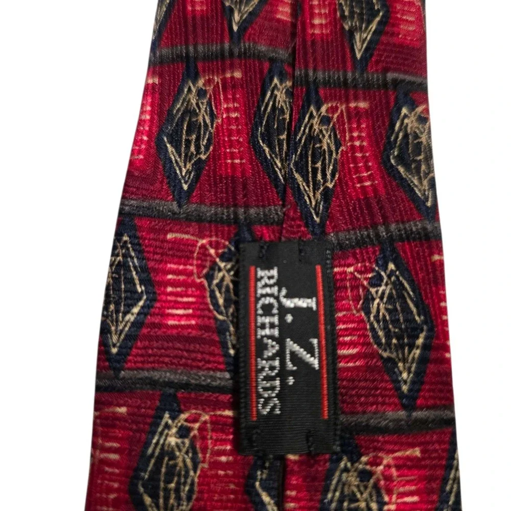 J.Z. Richards Silk‎ Geometric Pattern Tie Red Gold Hand Crafted USA Necktie